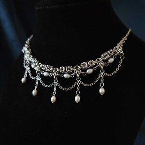 Vintage victorian gothic princess white pearl and silver chandelier necklace
